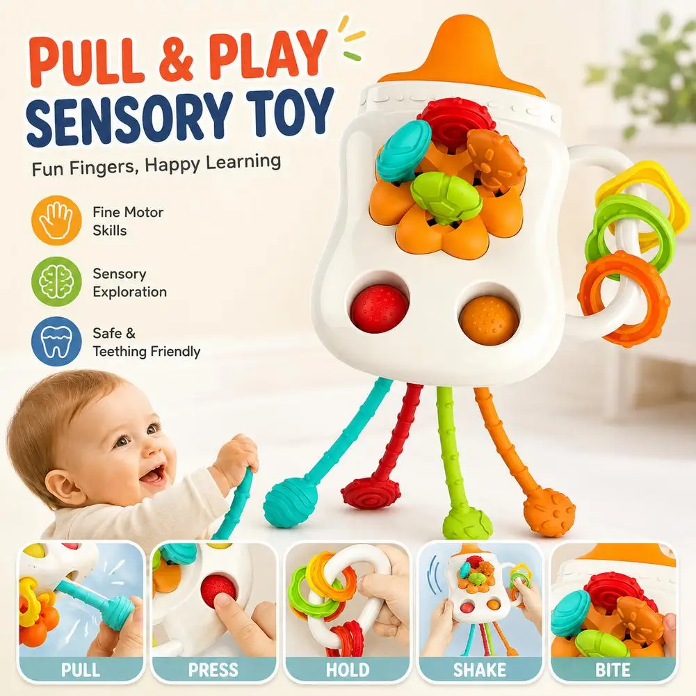 Silicone Pull String Activity Toy Baby Teething Rattle Sensory Montessori Learning Toy Educational Gift