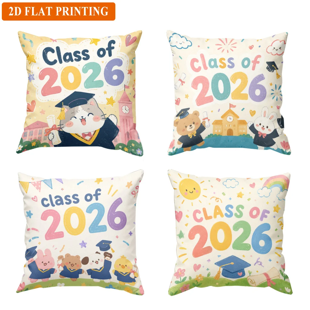 4pc Class of 2026 Graduation Throw Pillow Covers Set Cute College Dorm Decor Pillowcase Backdrop Print