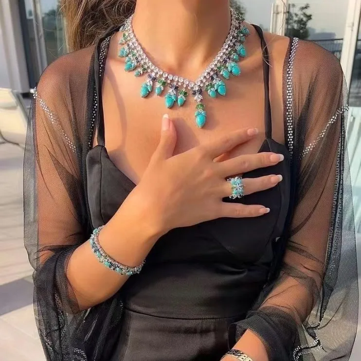 Christmas Gifts Copper Inlaid Turquoise Heart Water Drop Tassel 4Pcs Jewelry Set Necklace Earrings Ring Bracelet Women Accessory