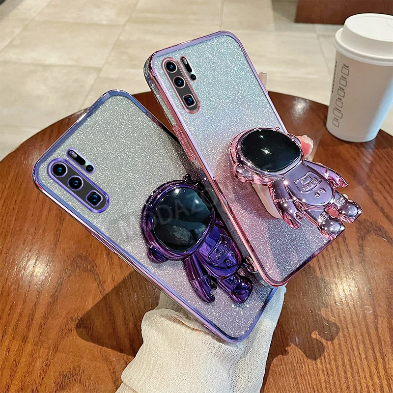 For Huawei P30 Pro Case Soft Silicone Plating Bling TPU VOG-L09 VOG-L29 Phone Casing Cellphone Back Cover With Astronaut Bracket