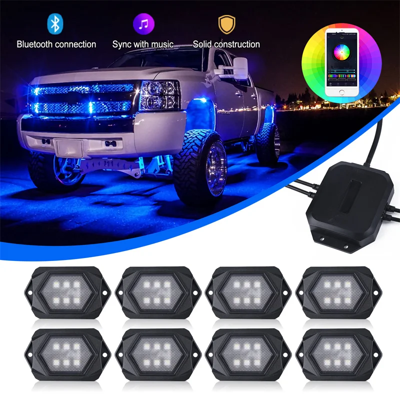 

4/8/12 Pods LED Rock Lights Underglow Neon LED Light Kit Bluetooth APP Remote Control Exterior Chassis Light for Jeep Off Road