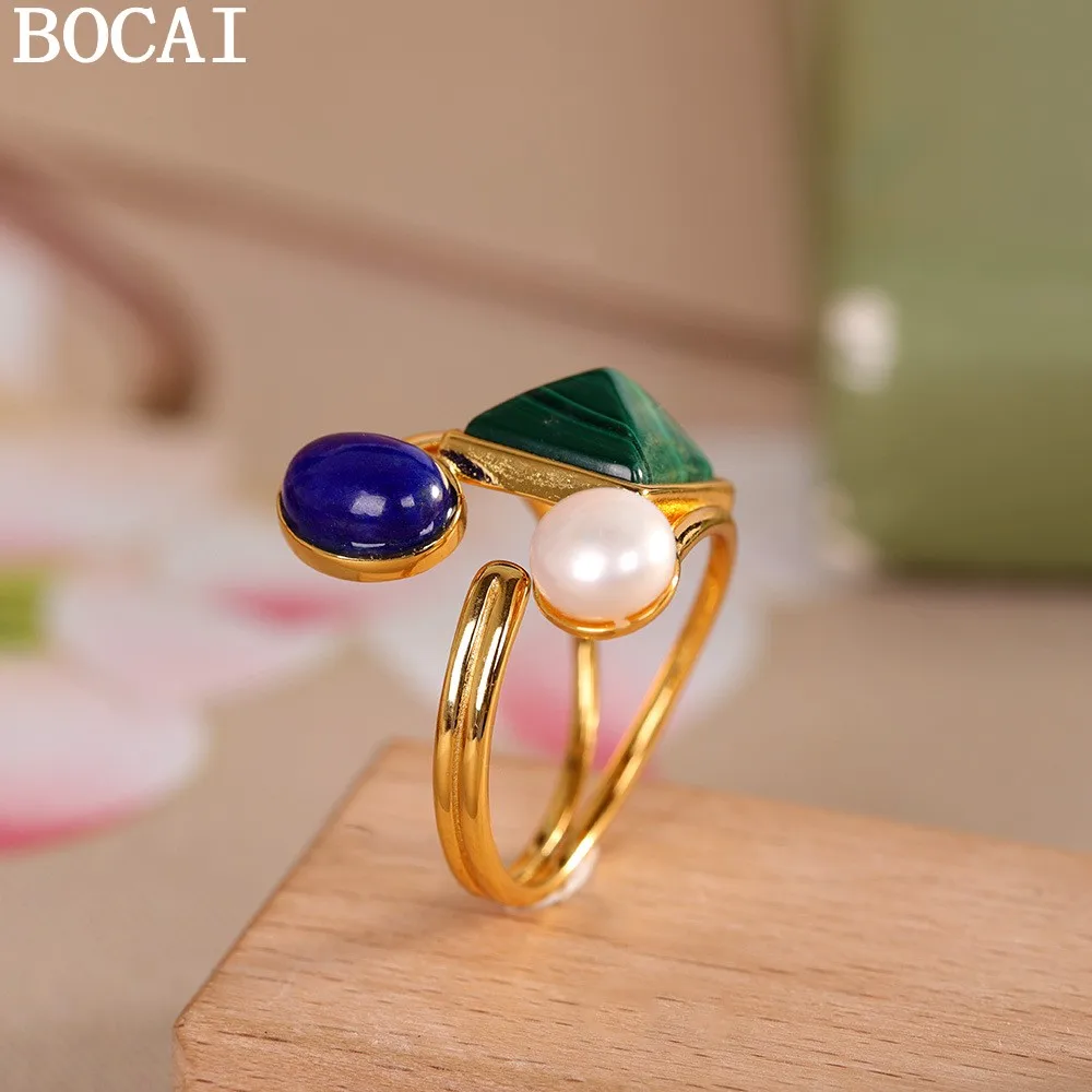 

BOCAI NEW S925 Sterling Silver Simple And Fashionable Gold-plated Inlaid With Turquoise Lapis Lazuli Ring Women's Gift