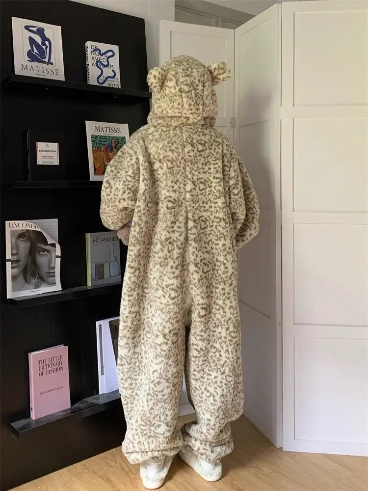 Leopardo com capuz pijamas animais adulto onesies para mulheres pijamas de inverno ponto pijamas de flanela pochês conjuntos gerais