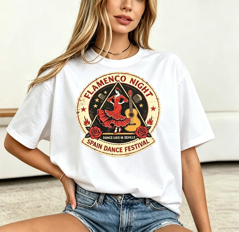 Summer Flamenco Seville T Shirt Women Vintage Spain Dance Print Casual Loose Short Sleeve Travel Fiesta Daily Party Tops Y2k
