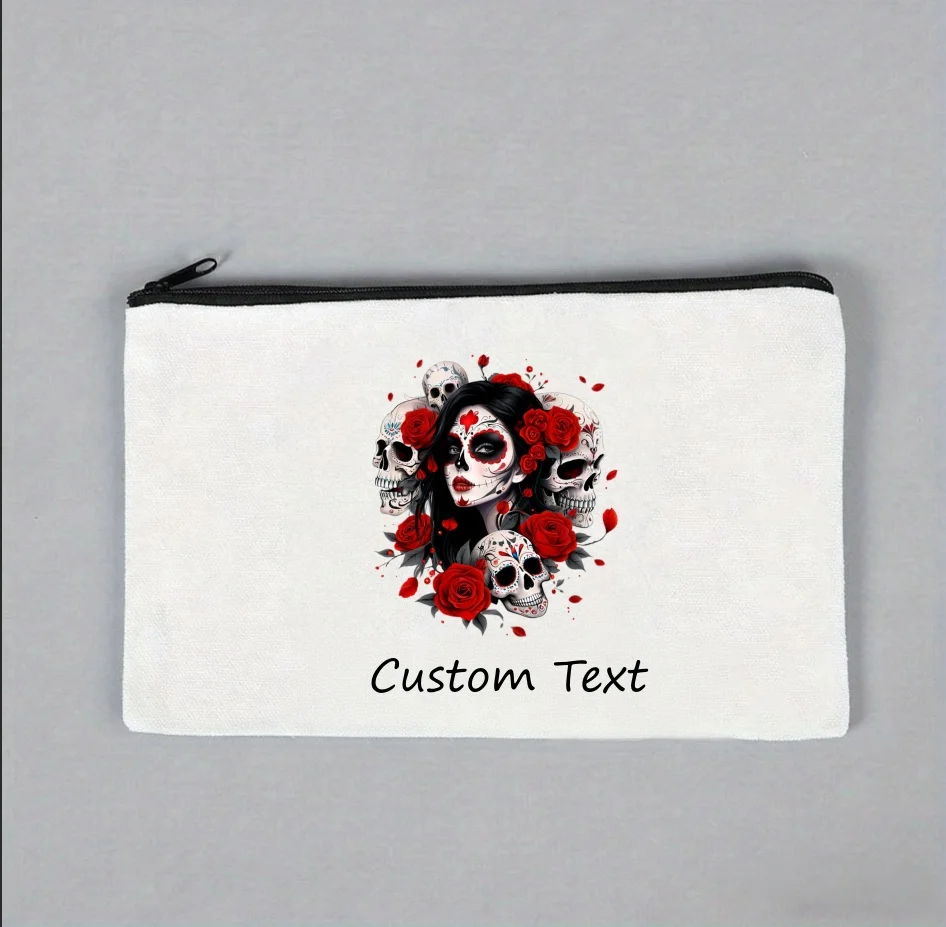 1PC Custom Text Day of the Dead Sugar Skull Lady Rose Cosmetic Pouch Zipper Makeup Bag Personalized Canvas Storage Gift