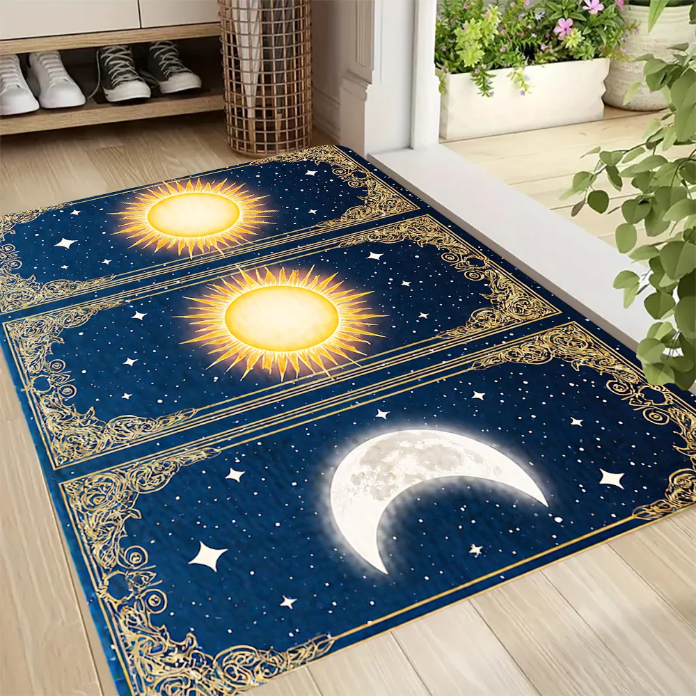 Vintage Tarot-Style Rug Set – Sun/Moon Stars 40x60cm Non-Slip Flannel Mats for Entryway, Bedroom & Party Decor