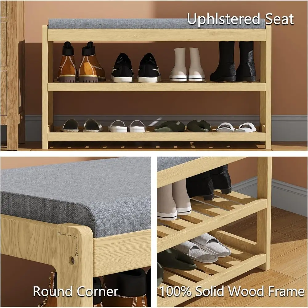 3-stöckige Schuhregalbank aus massivem Holz mit Stauraum, gepolstertem Sitz, für Eingangsbereich, Flur, Schmutzfänger – natürliches Finish