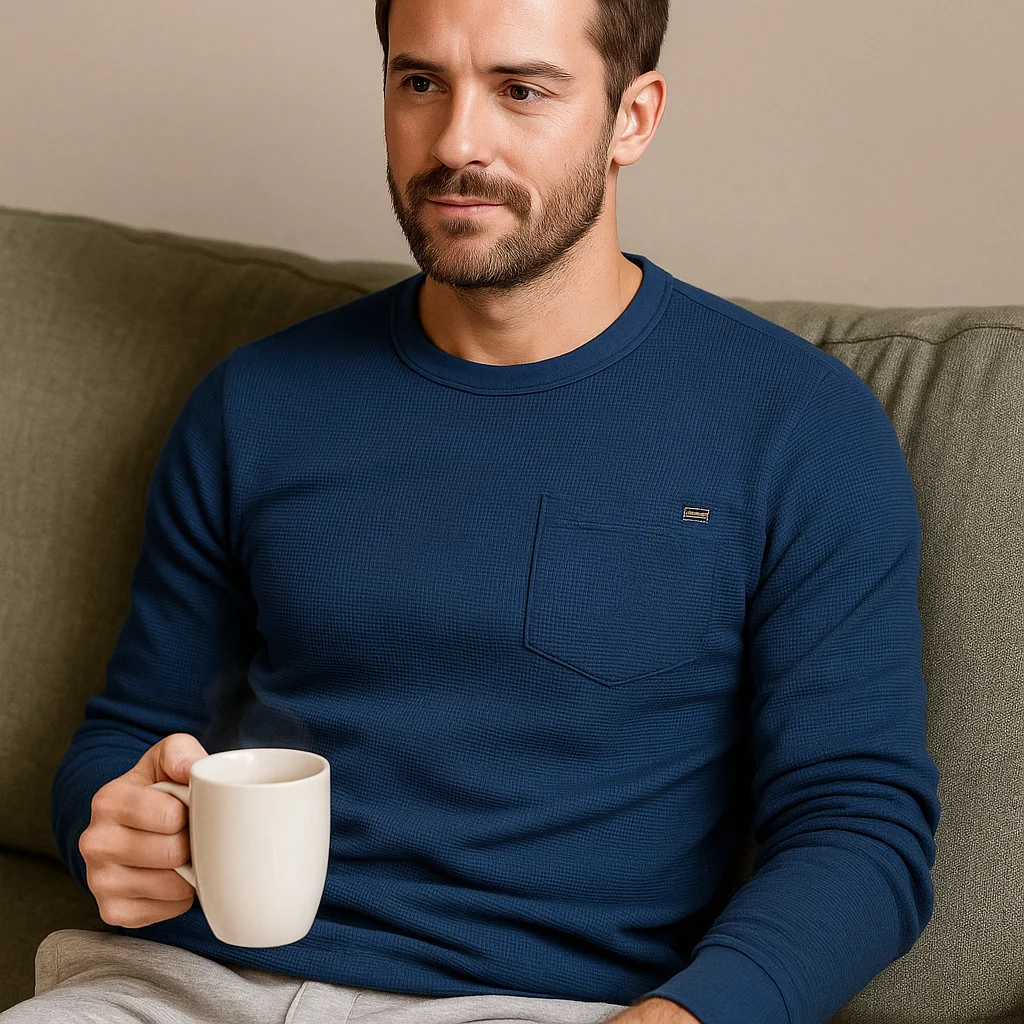 AIOPESON Men's Long Sleeve T-Shirt Waffle Cotton Solid Color Single Pocket Basic Breathable Top for Autumn