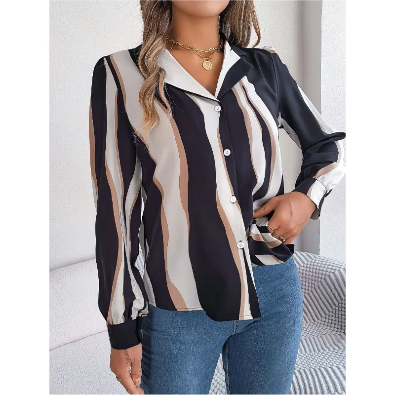 

Women's Top Autumn and Winter New Fashion Splice Button Suit Collar Long Sleeve Temperament Versatile Commuting Stripe Shirt