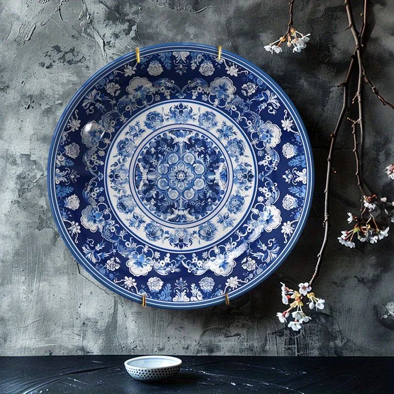 1pcElegant Blue and White Ceramic Decorative Plate - Vintage Floral Wall Art Hanging Dish for Home DecorFor home, living room,