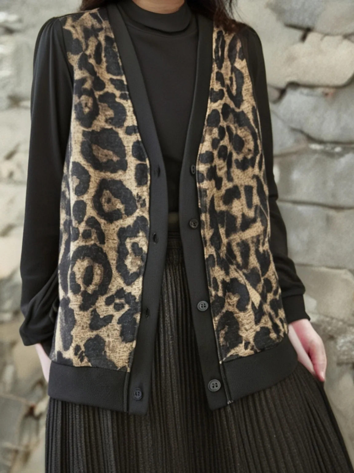 

Ele Leopard Print Loose Slimming Large Size Women's Vest 2025 Autumn Winter V-Ne Knitted Open Cardigan Waistcoat