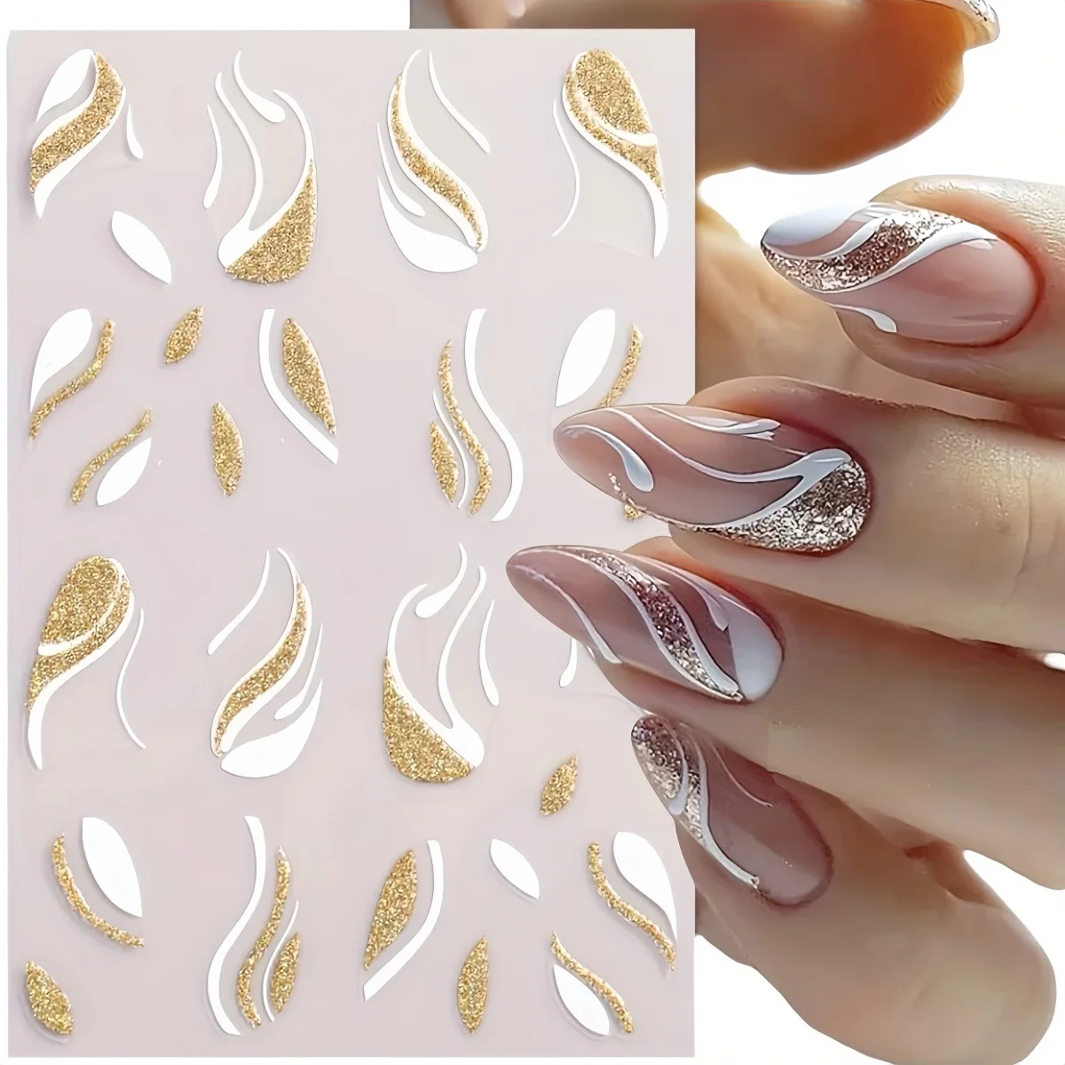 1pcs Gold Glitter French Design Nail Stickers White Silver Curve Lines Stripe Wave Nail Decals Slider Reflective Manicure Wraps