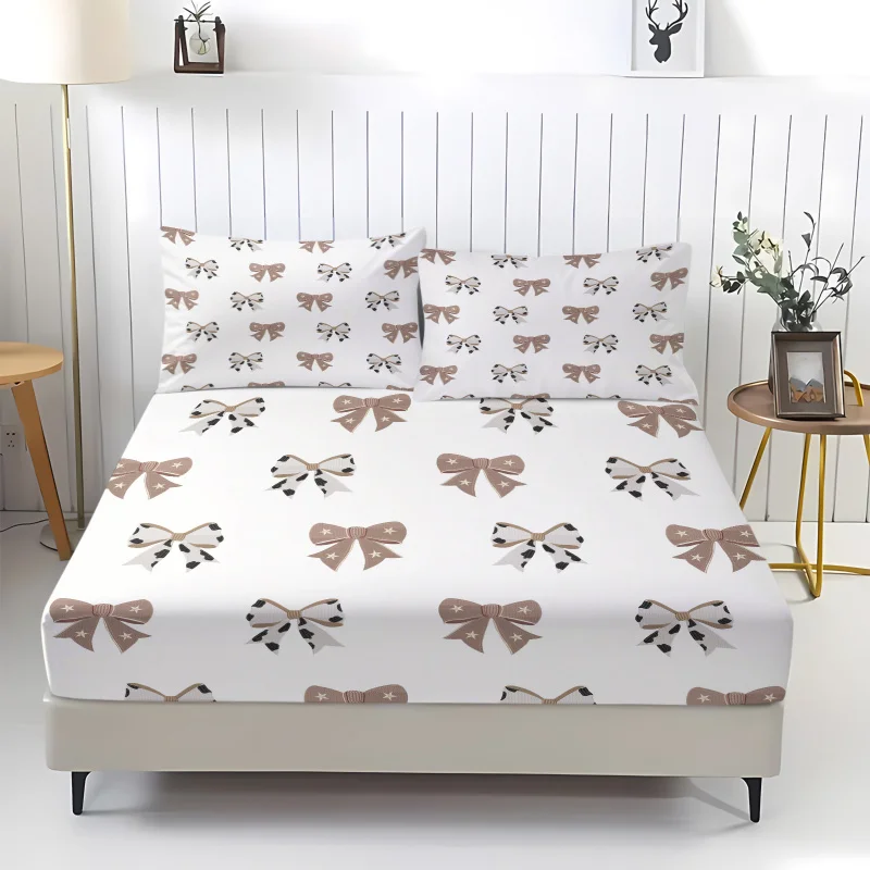 Korean Cream Style Bow Full Wrap Fitted Sheet Set Breathable Anti-pilling Washable Mattress Protector For Bedroom Decor Bedding