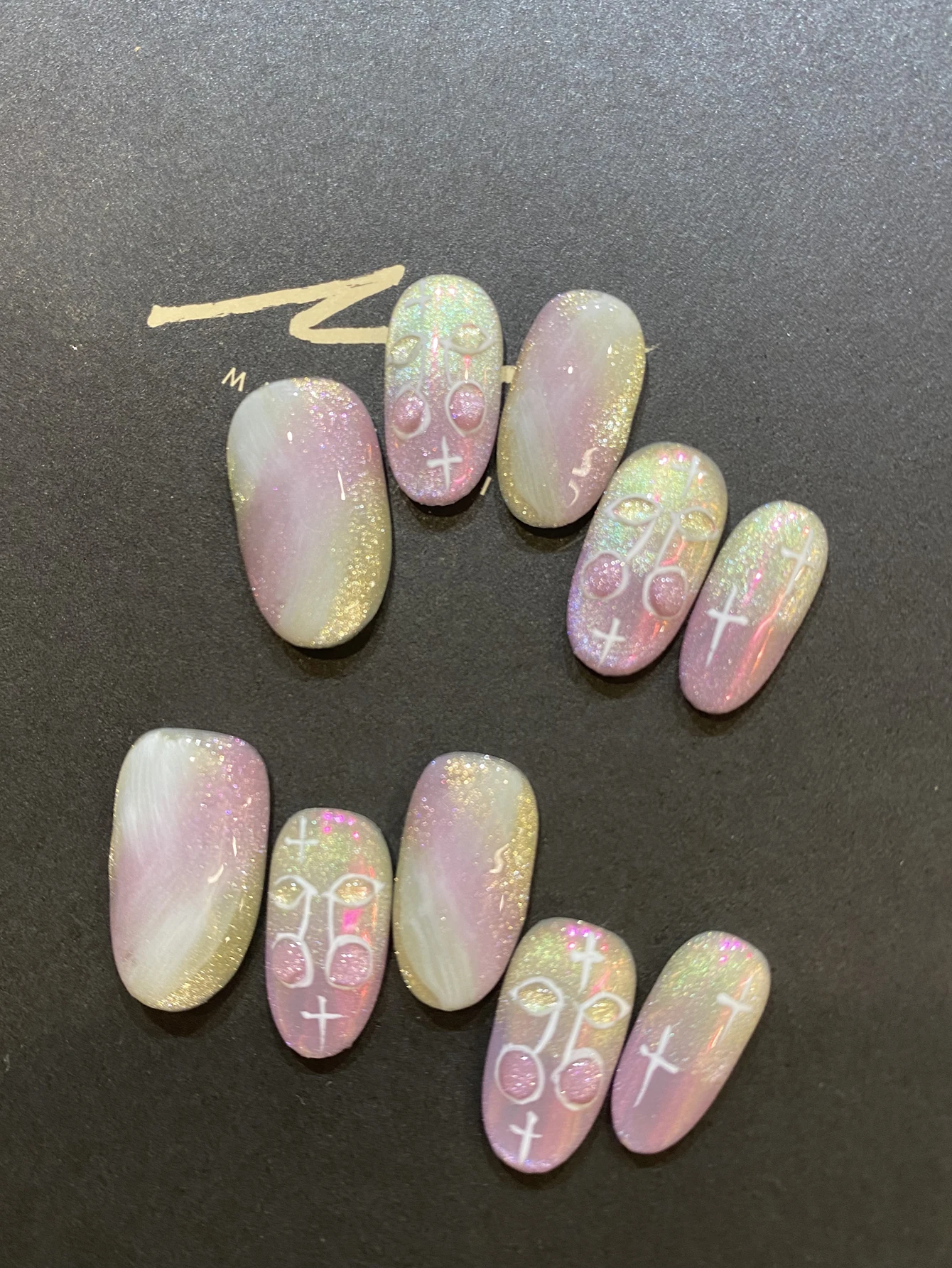 10Pcs Press on Nails Short Green Purple Cat's Eye Little Cherry Fake Nails Includes 1 Sheet of Adhesive Tabs & 1 Pc Mini File