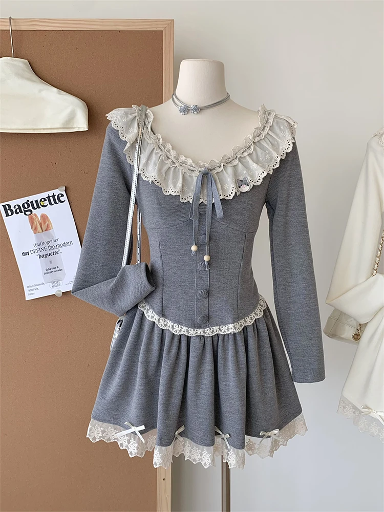 Winter Women Korean Shoujo Mori Girl Ballet Core Sweet Outfits 2 Piece Set Long Sleeve Bow Tops + 2000s Aesthetic Mini Skirts