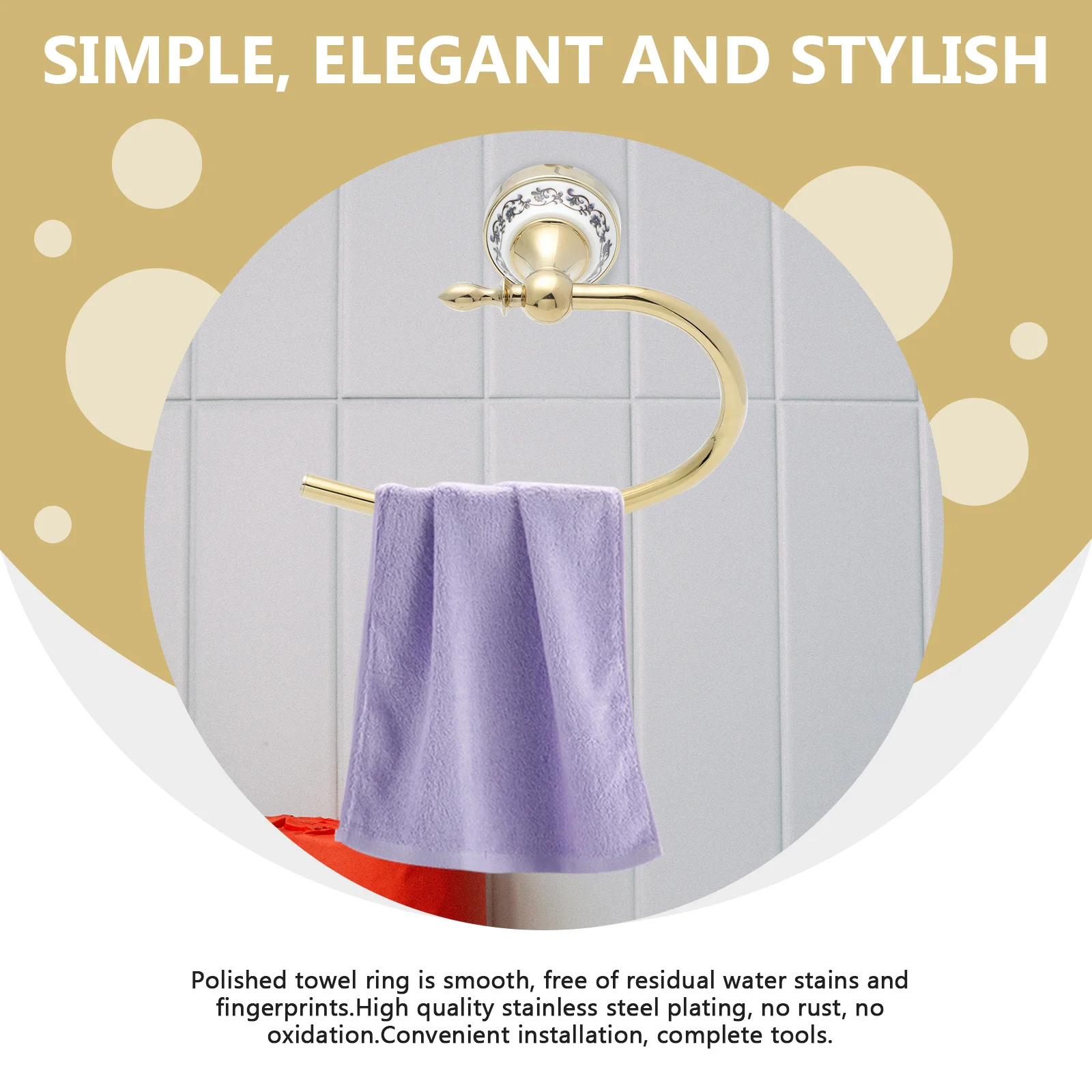 

1pc No Drill Ring Stainless Steel Vintage Gold Bathroom Towel Holder Wall Mounted For Damp Towels Quick Saving Towel