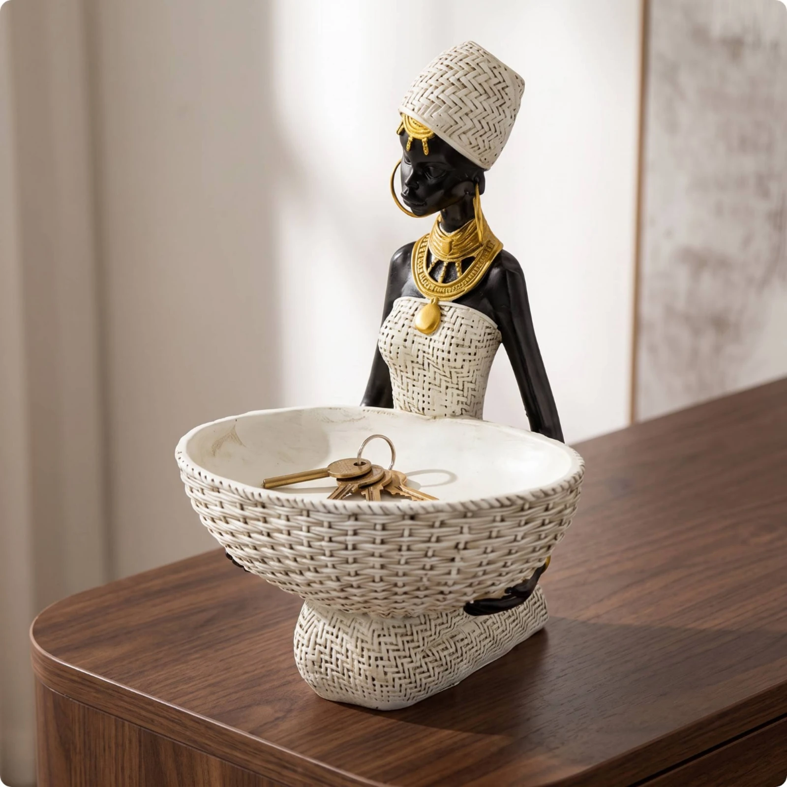 African Woman Figurine with Basket Artisanal African Woman Figurine Key Bowl Decorative Jewelry Holder Resin for Entryway