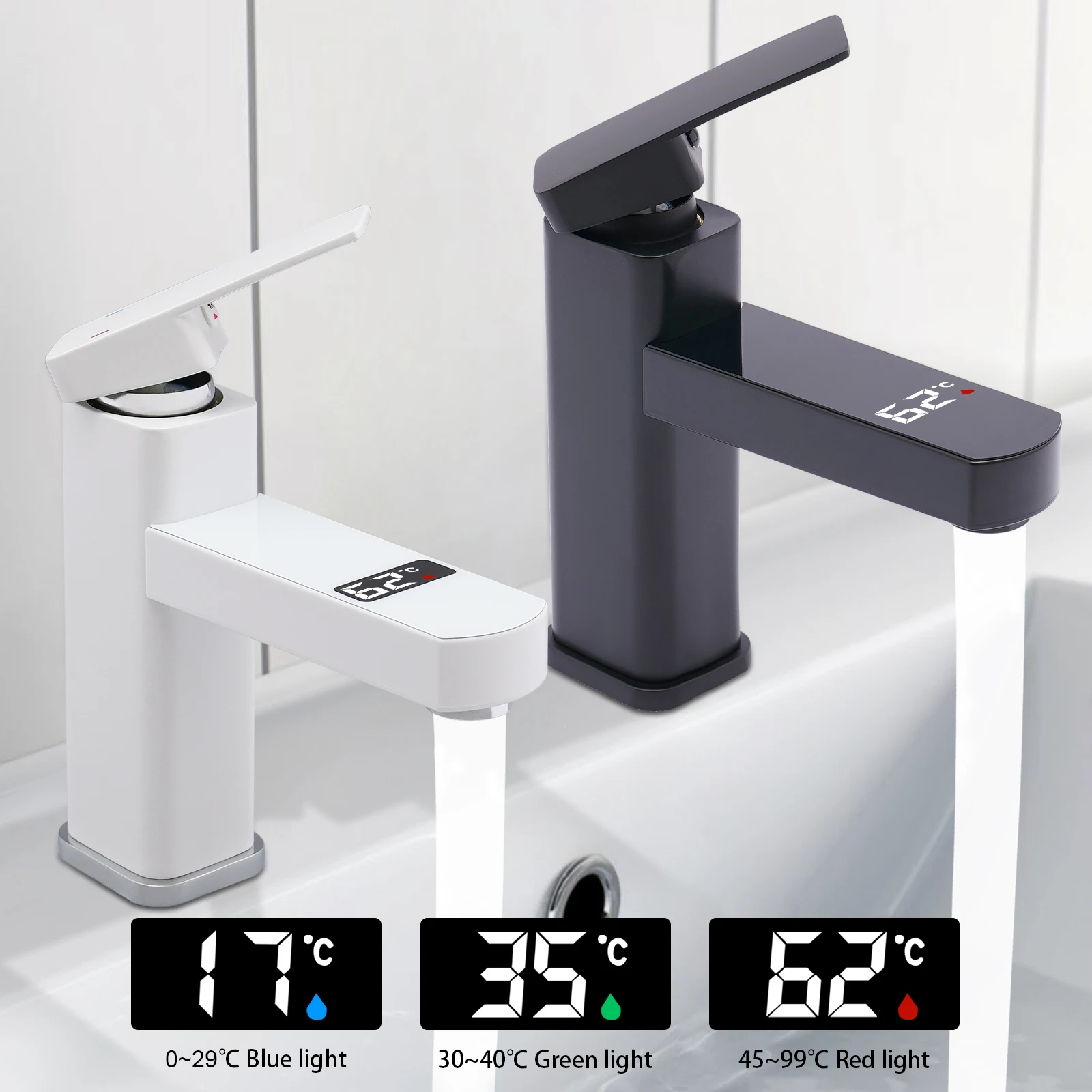 Grifo de Baño de Acero Inoxidable y Aleación de Zinc, Sin Huellas Dactilares, con Pantalla LCD Digital, Caño Corto con Manguera para Lavabo