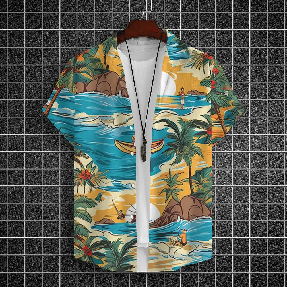 

Summer Beach Vacation Style Hawaiian Shirt Man Fashion Coconut Tree Print Short Sleeve Shirts For Men Casual Lapel T-Shirts Tops
