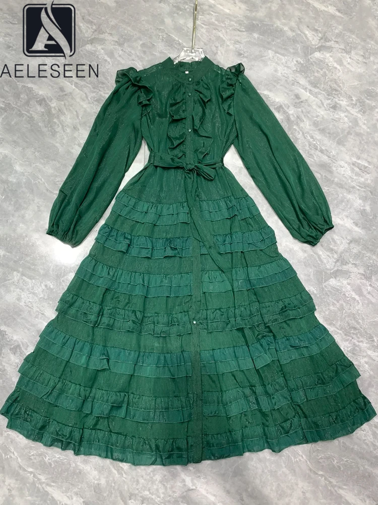 

AELESEEN Designer Fashion Long Dress Women Spring Autumn Bow Patchwork Cascading Ruffles Single-breasted Vintage Party Holiday