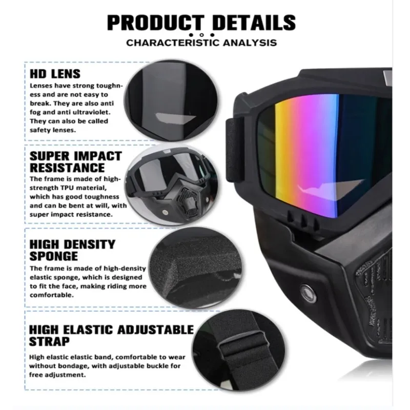 Outdoor Wind Block Full Face Protector, Anti-Glare Ski Goggle Lenses, Dirt MX Bike Face Guard, MTB Off-Road Sport Mask view 4