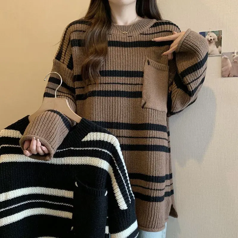 

Vintage Contrasting Colors Striped Jumpers Autumn Winter Loose Women's Clothing O-Neck Casual Basic Long Sleeve Knitted Sweaters