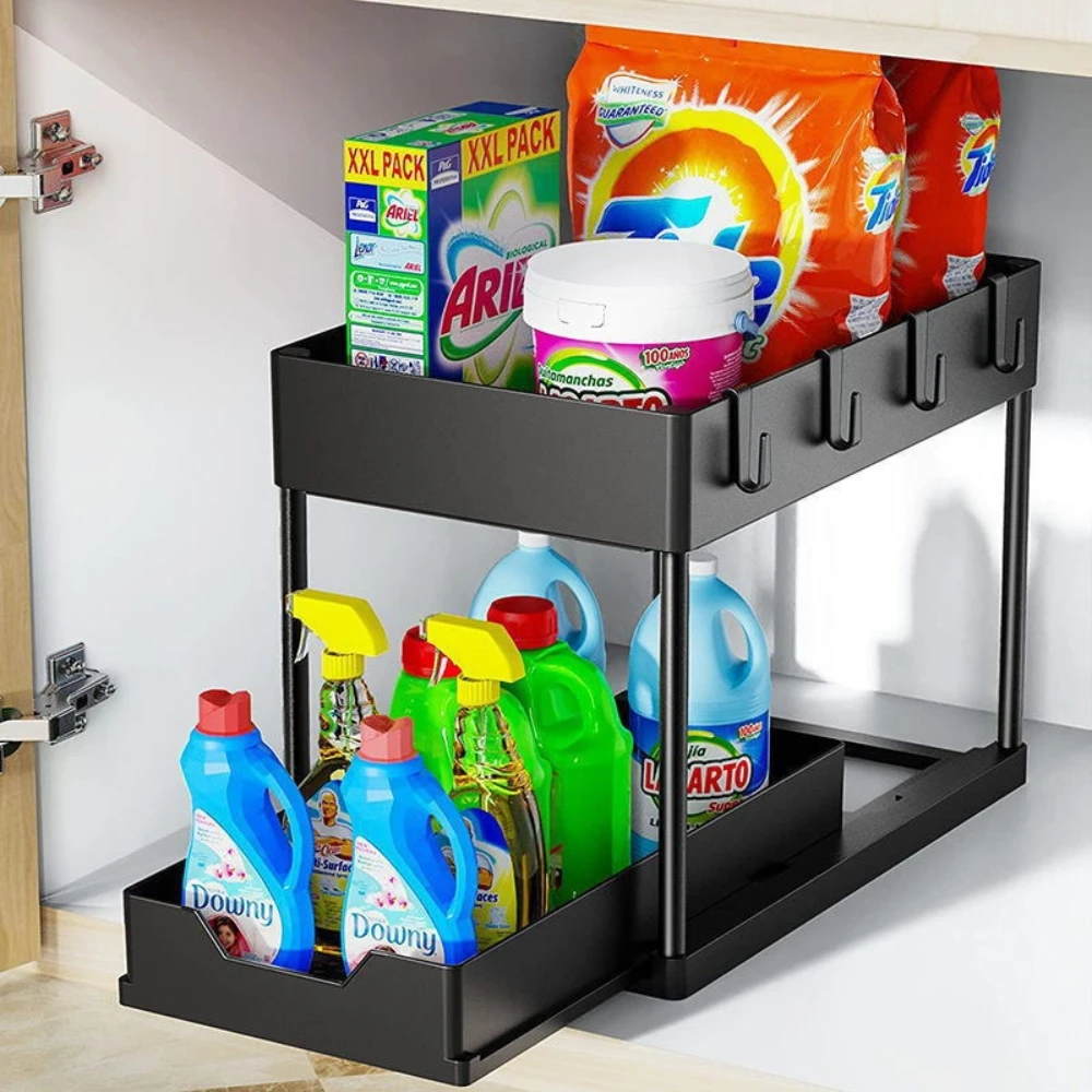 Multi-function Kitchen Sink Organizer Plastic H-shaped Storage Rack with Hooks Hanging Cup Space-Saving for Bathroom Kitchen Use