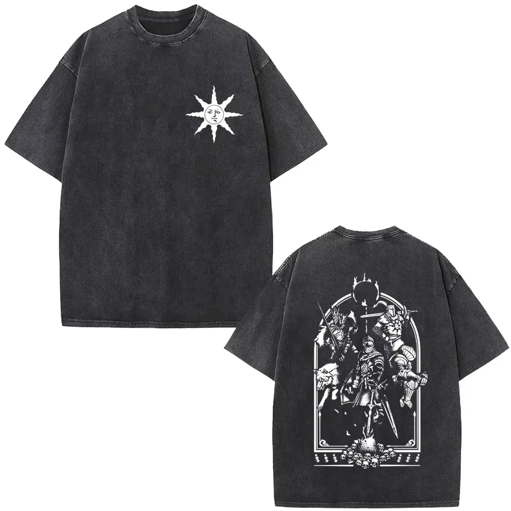 Camiseta gráfica Dark Souls Siegmeyer of Catarina, estilo vintage lavado, de fantasía oscura, unisex, oversize, cuello redondo, algodón, manga corta