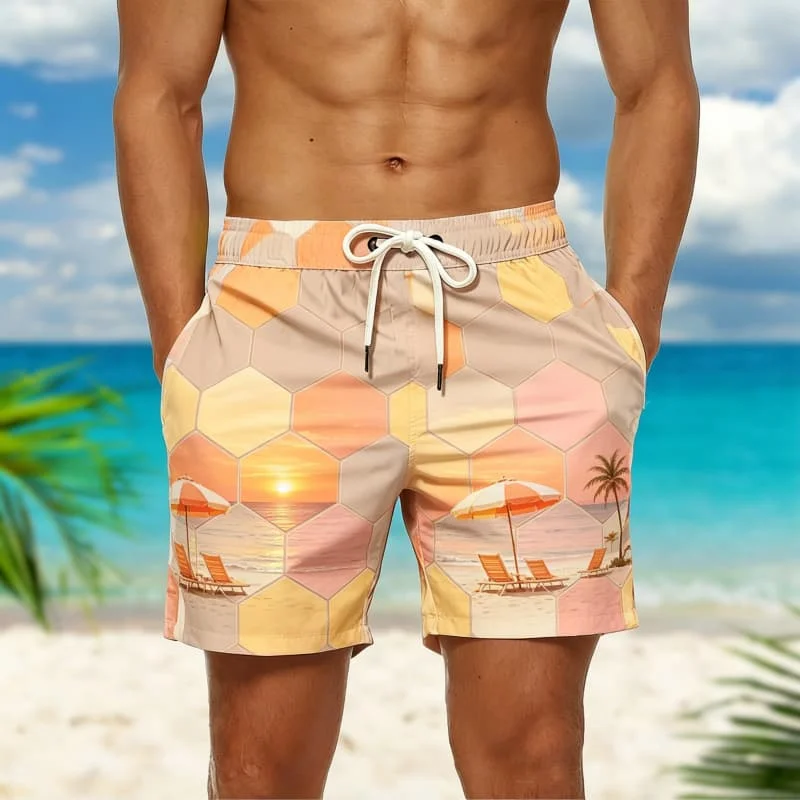 Men's Pastel Grid & Tropical Print  Casual Shorts ，for Casual Outings, Outdoor Activities & Standout Everyday Wear