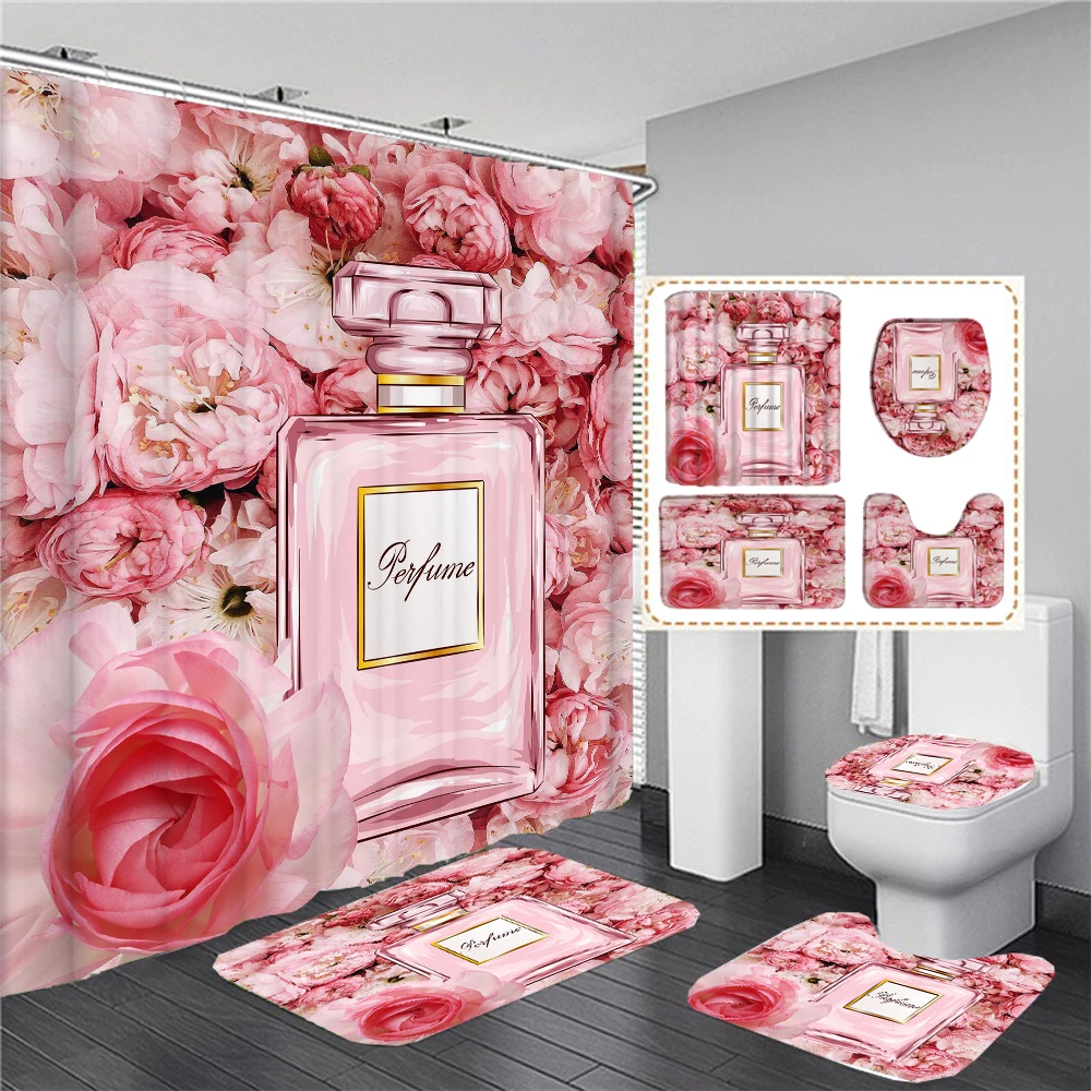 Luxury Perfume and Flower Printed Shower Curtain 4 Pieces Set With Hooks Bathroom Decor Waterproof Bath Curtain Mat Toilet Lid