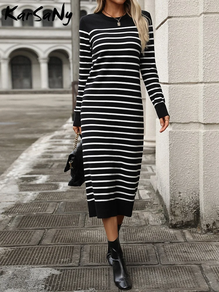 Striped Women\'s Knitted Dress Autumn O Neck Long Sleeves Casual Knitwear Dress For Women Elegant Female Loose Sweater Knit Dress