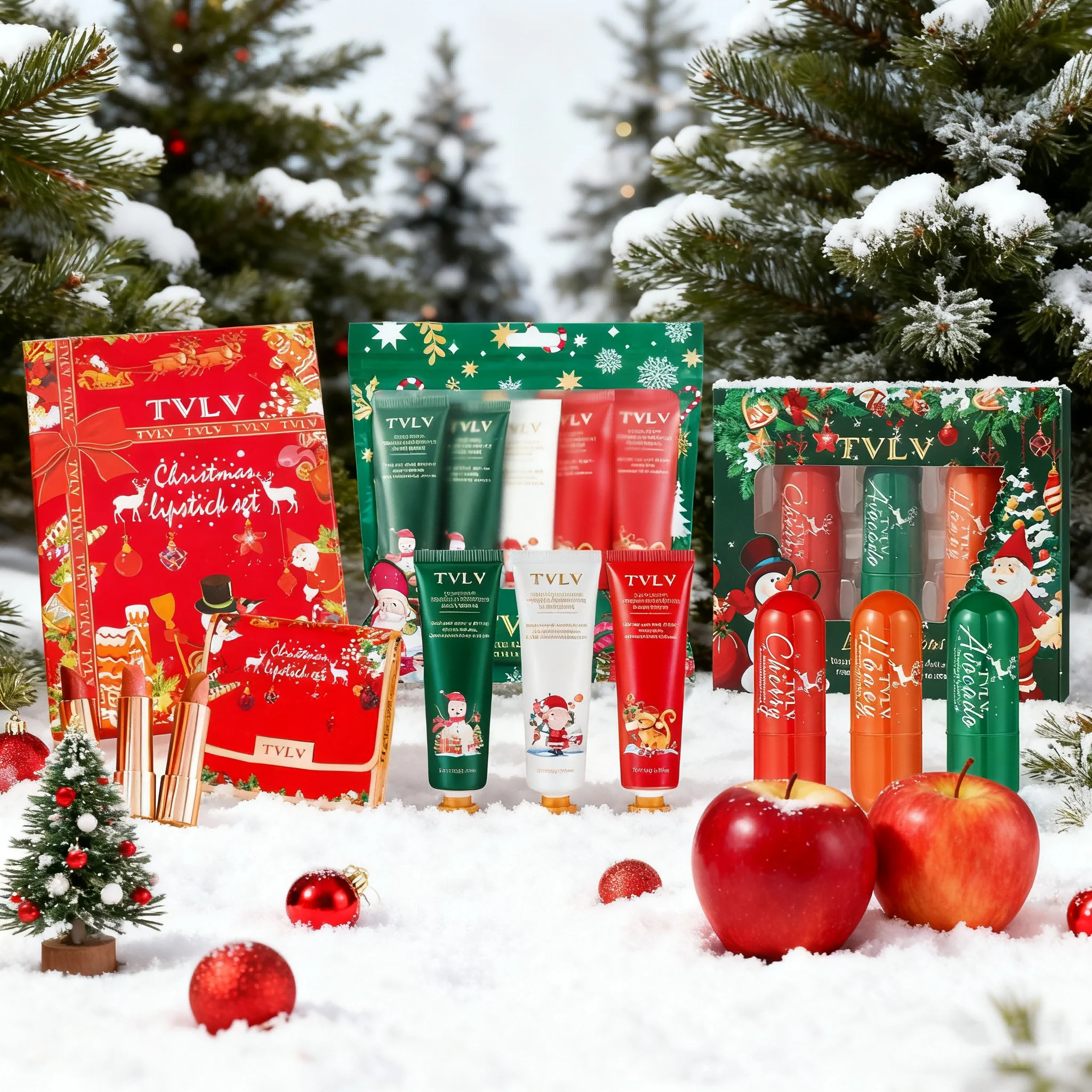 مجموعة العناية بالبشرة لعيد الميلاد للنساء - كريم مرطب لليدين، بلسم الشفاه وأحمر الشفاه - هدية احتفالية للعناية بالشتاء