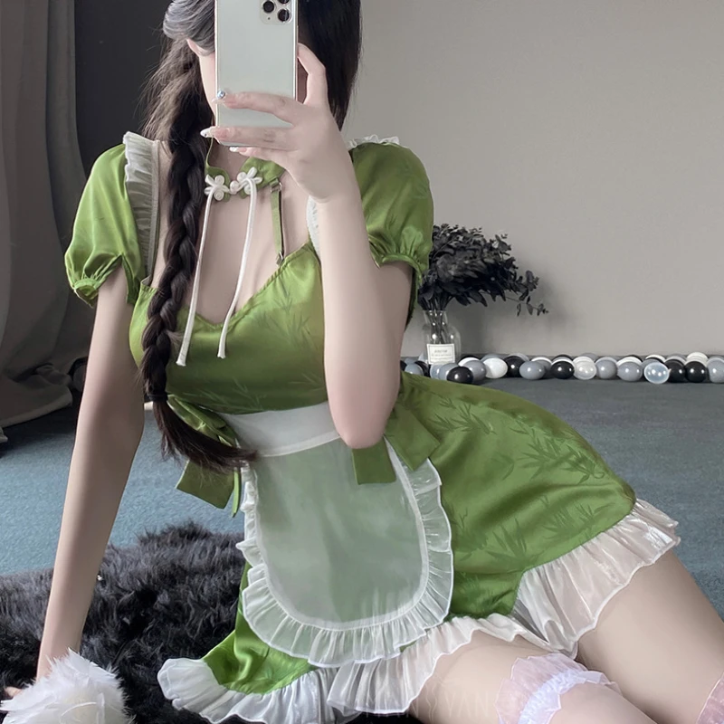 

Sexy Lingerie Maid Dress Women Porno Cosplay Adult Sex Lace Sling Skirt Thong Outfits Roleplay Servant Erotic Costumes Green New