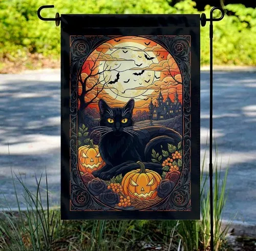 Vintage Halloween Cat Garden Flag Stained Glass Pumpkin House Banner ZZY