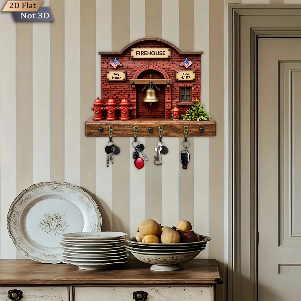 2D Flat, 1pc, Fire Station Themed Key Hook, Wooden Multifunctional Home Key Hanger, with four metal hooks, wall decoration,