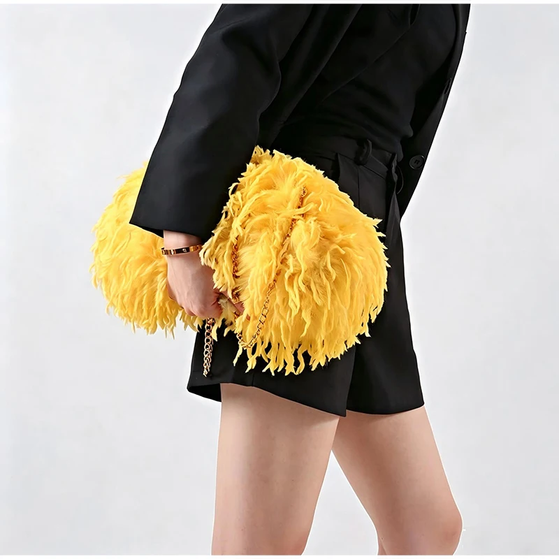 Lockige, flauschige Kunstfeder-Plüsch-Umhängetasche mit Kette, Damen-Clutch mit Falten-Design für Partys und Abendveranstaltungen, Herbst/Winter – Detail 17