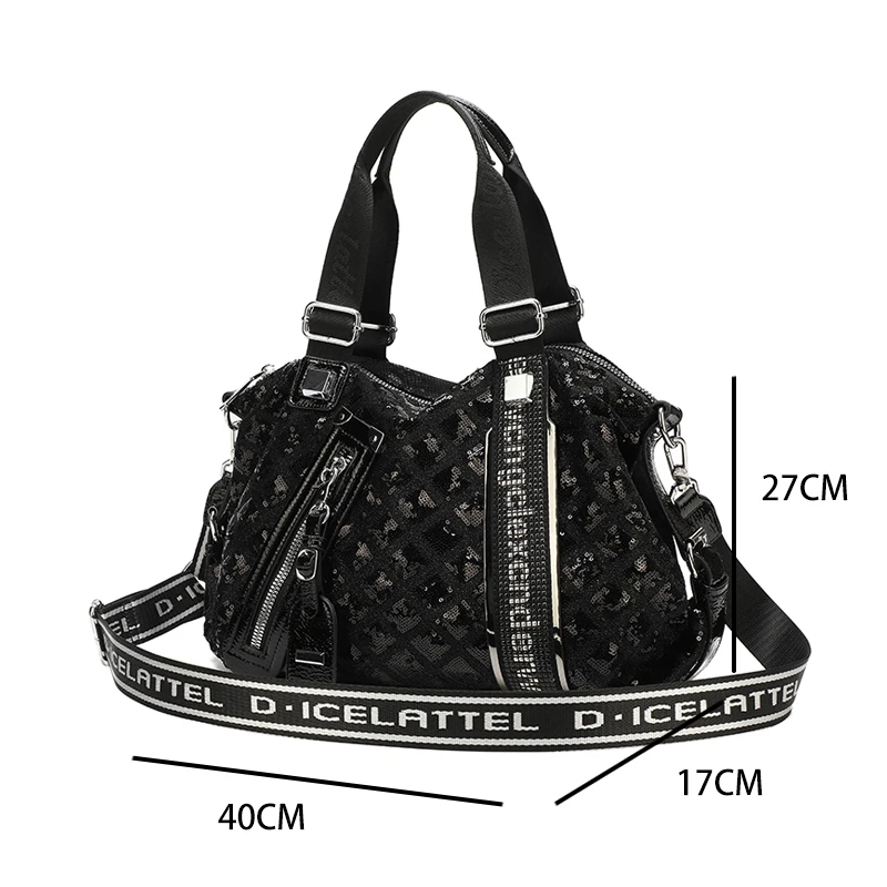 Vintage Leather Tote Bag - Fashion Sequin Crossbody Bag For Women, High Quality Handbag, Occasional Use