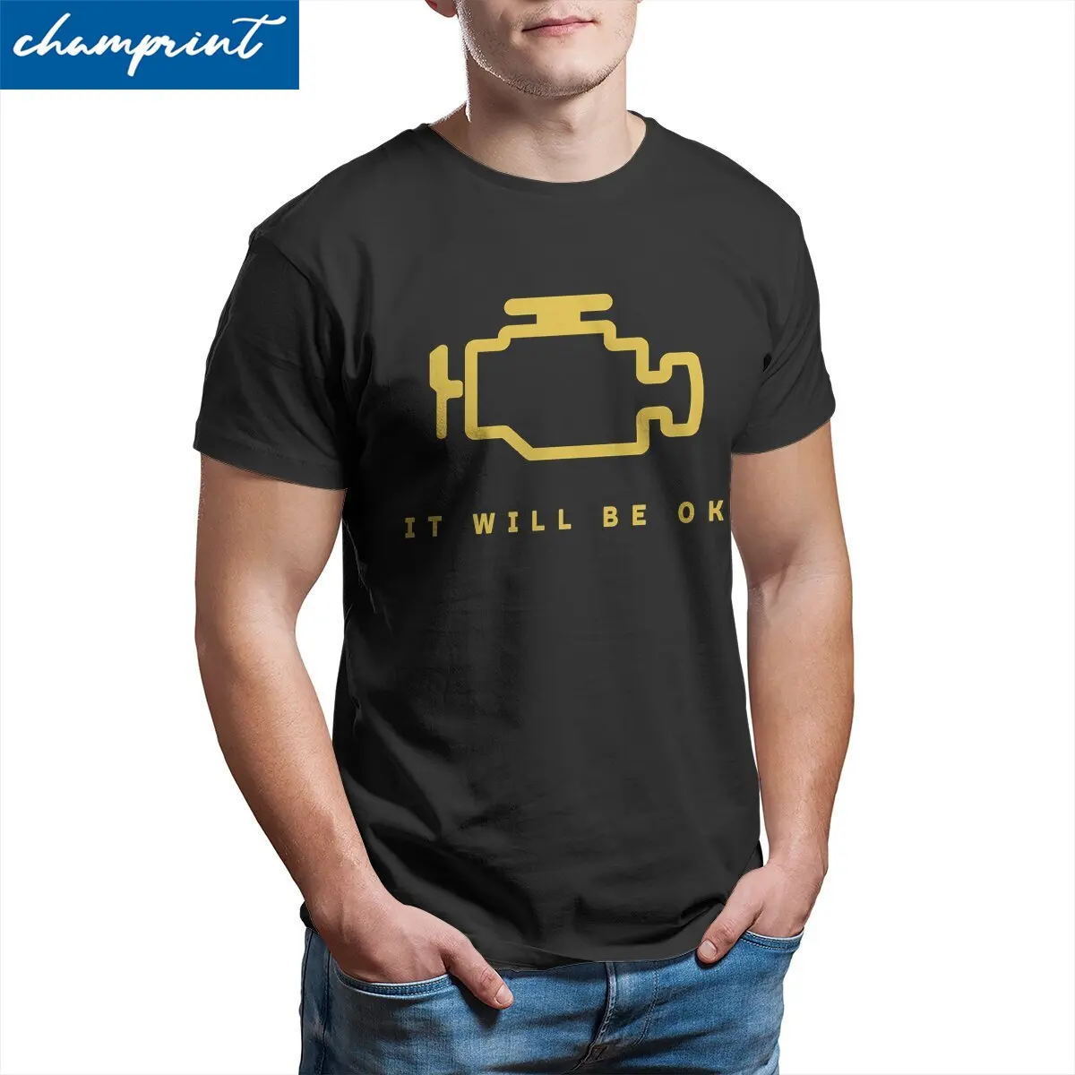 Mechanic Auto Repair Check Engine Light T Shirt for Men Cotton Funny T-Shirts Round Collar Tees Short Sleeve Tops Big Size