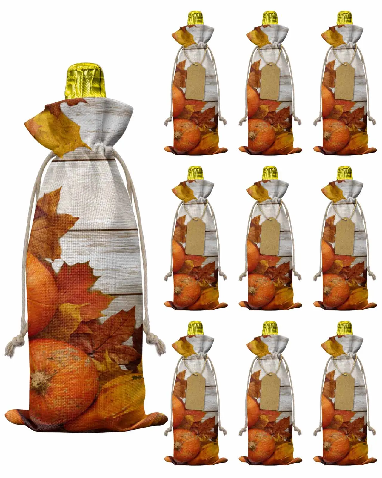 10pcs Pumpkin Leaf And Wood GrainWine Bottle Bag with Drawstring Festive Party Decor Wine Bottle Covers Gift