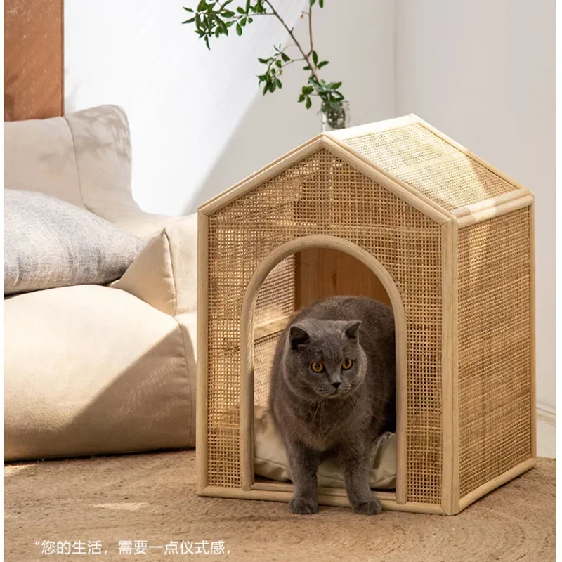 Japanese Cat\'s House High Appearance Level Beds for Cats Creative Rattan Weaving Litter Cats Ventilation Breathable Pet House