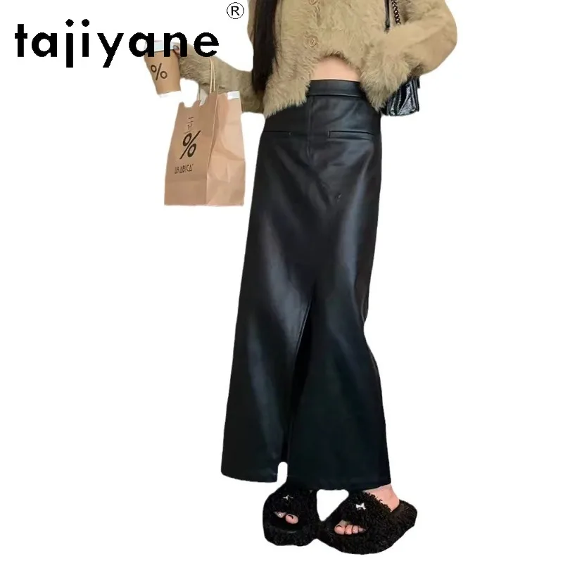 TAJIYANE Genuine Sheepskin Leather Skirt High Slit Women's Skirts Ankle-Length Maxi Skirt for Women Black Skirt Spring 2026 Юбка