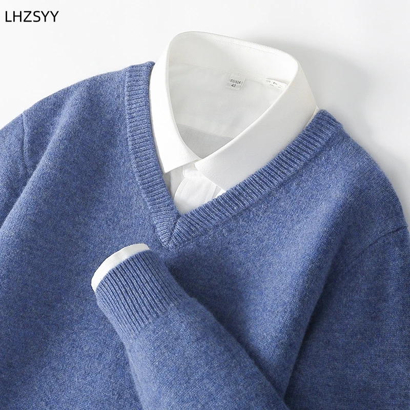 LHZSYY Men's V-Neck Cashmere Sweater 23Autumn Winter New Thick Solid Pullovers Loose Knit Base Shirt Business Casual Jacket Tops