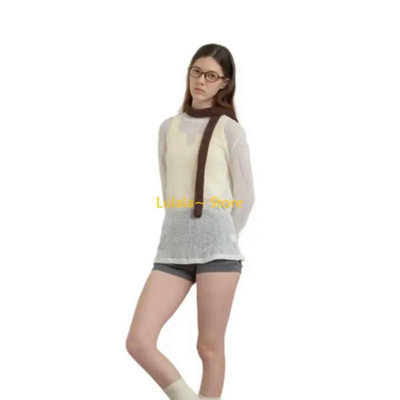 Y4QA Short Knitted Thin Scarf Lady Girls Small Neckerchief Posing Scarf Fashion