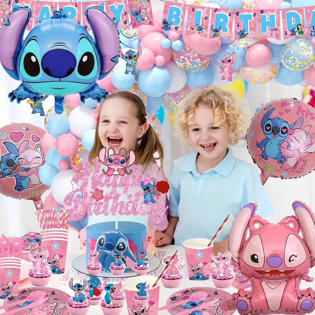 Lilo Stitch Decorazione festa di compleanno Punto rosa Angelo Maschera cosplay Adesivi Tovaglia Decorazione torta Forniture per feste Baby Shower