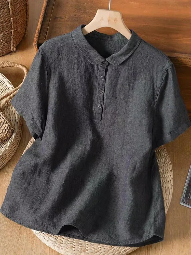 

Loose Fit Color Short Sleeve Cotton Linen Shirt Women's plus Size Artistic Retro Style Casual Comfortable Inner Shirt