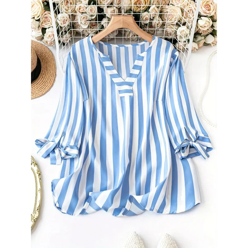 

Плюс размер, новая женская повседневная полосатая блузка, рубашка, женская модная элегантная блузка с v-образным вырезом и коротким рукавом, рубашка
