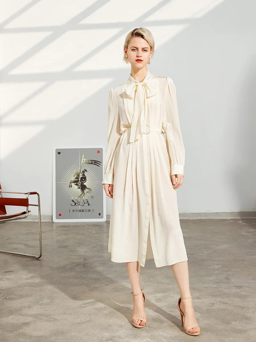 2024 New Spring Summer 19MM 100% Mulberry Silk Dress Women Long Sleeve Mid-length Fashion Waist Ribbon skirt