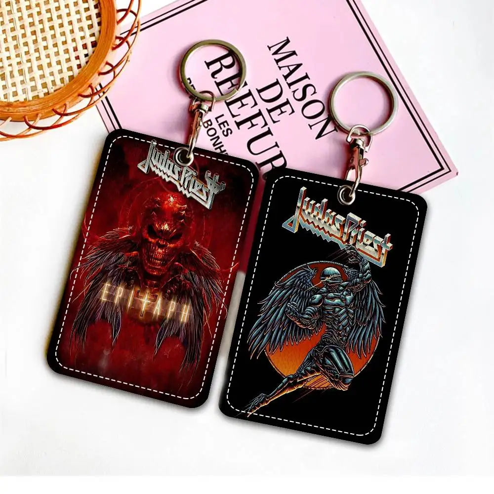J-Judas P-Priest Heavy metal band 1Pc Access Card Case Leather Card Holder Keychain Key Ring Door Access Tags ID Card Case