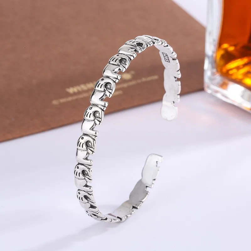 VENTFILLE 100% Solid 925 Sterling Silver Retro Bracelet for Women Men Vintage Handmade Elephant Bracelet Birthday Gift