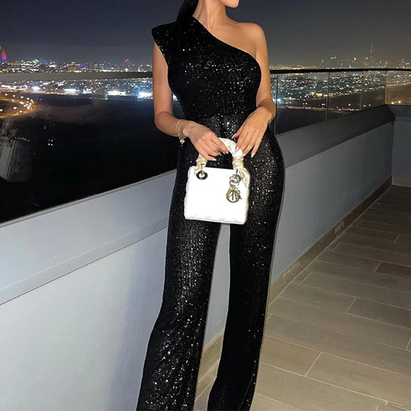 OMSJ Slash Neck One Shoulder Jumpsuit Sparkling Sequin Women Evening Birthday Party Sleeveless Luxurious Asymmetric Tight Romper